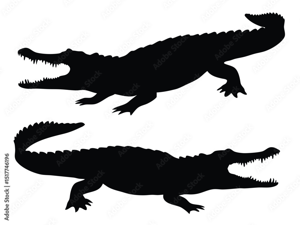 Fototapeta premium Crocodile and Alligator Silhouettes, Black Vector Reptile Icons, silhouette of a crocodile, Crocodile silhouette vector illustration
