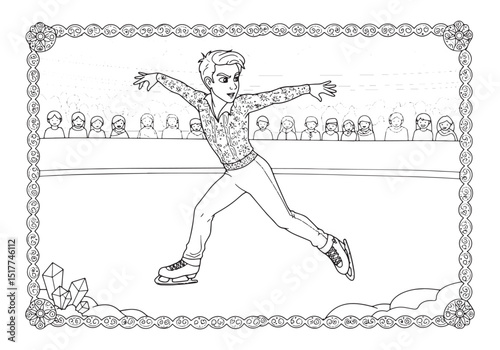 Elegant Ice Skater Coloring Page for Kids, A Black and White Ill