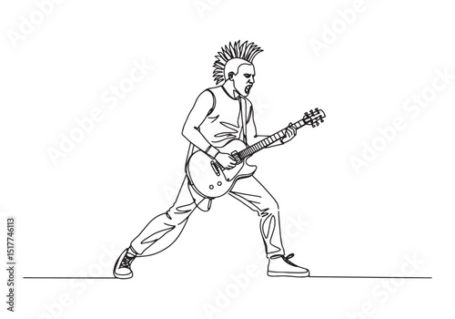 Intense Rocker Illustration, Continuous Line Drawing of Musician
