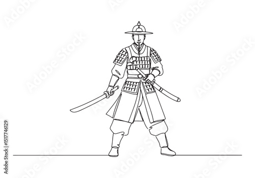 Elegant single line drawing of a brave male Hwarang warrior with