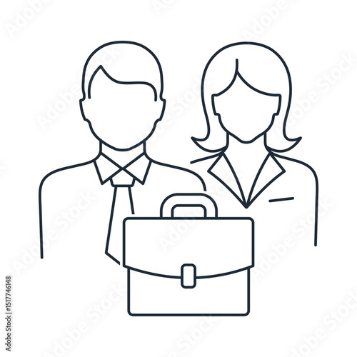 Man and woman with a business briefcase.Two business professionals, colleagues,  implementing a project.Vector linear icon illustration isolated on white background. 