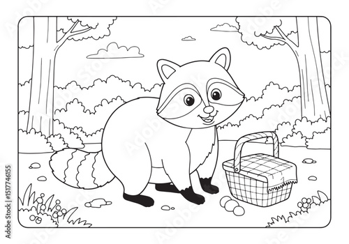 Charming Raccoon Illustration in Black and White for Coloring Bo
