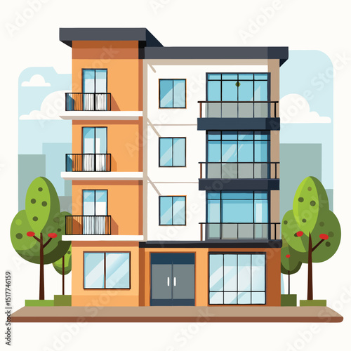 Modern Apartment Building Cityscape Urban Residential Architecture Design Flat Style Illustration