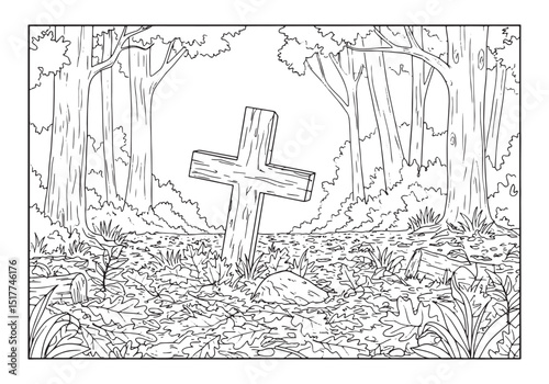 Serene Resting Place, Black and White Cross in a Forest Coloring