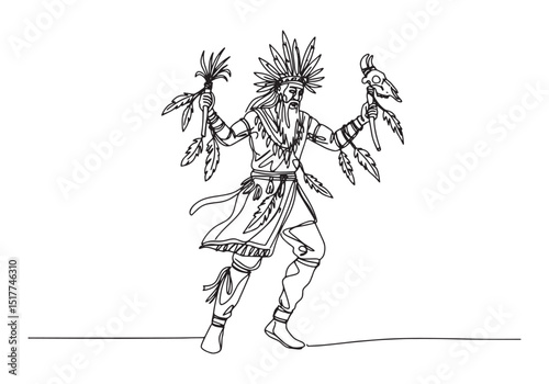 Mystical Male Shaman Continuous Line Art Illustration in Black a