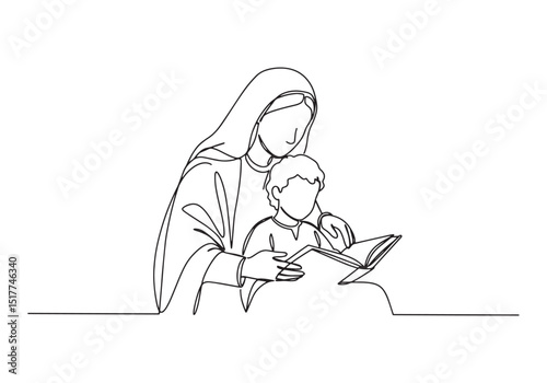 Continuous line drawing illustration of Mary teaching child to r