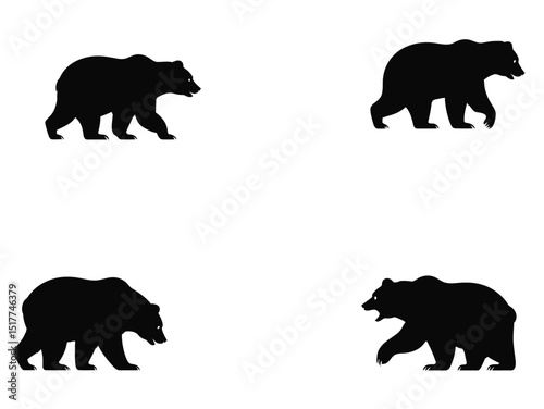 Set of Bear Silhouettes in Walking and Roaring Poses, Wild Animal Vector Icons, collection of bear silhouettes 