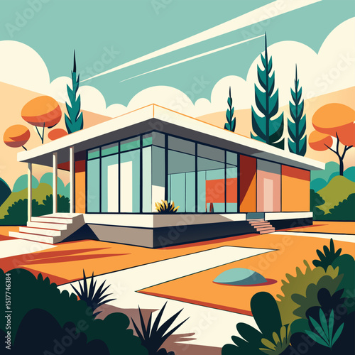 Modern House Architectural Design Suburban Home Landscape Illustration Flat Style Home Exterior