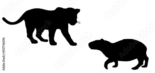 Ambush jaguar attack capybara vector silhouette illustration isolated. Survivor watering place battle powerful wild cat against biggest rodent animal. Predator carnivore feline panther lurking prey.