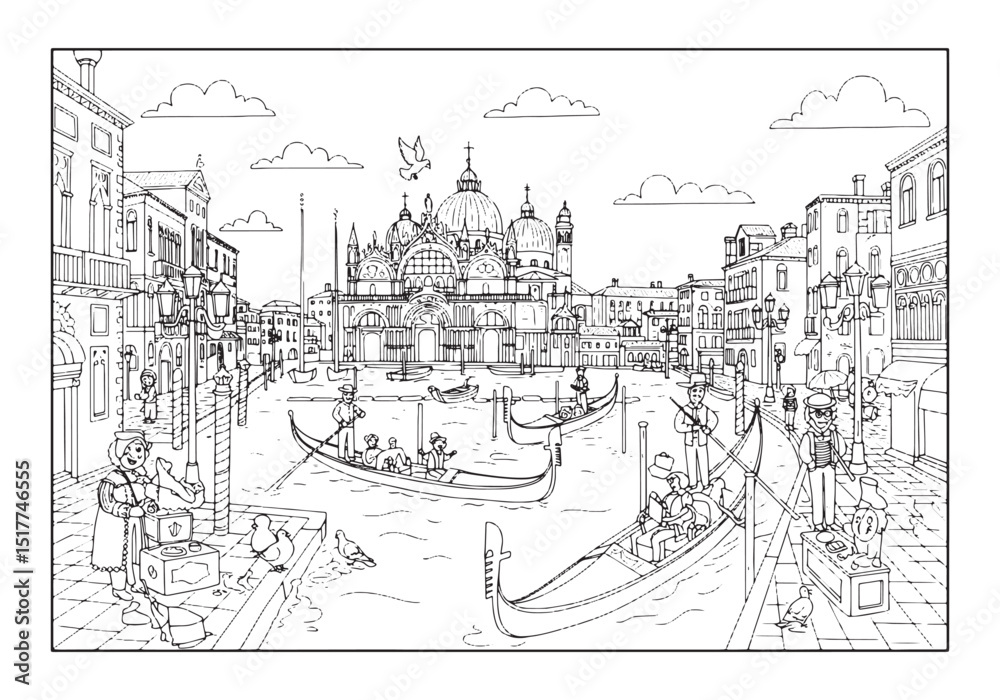 Fototapeta premium Venice Canal Scene in Black and White Coloring Book Illustration