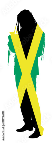 Emblem banner state Jamaica flag national symbol over Rasta man Dreads vector illustration isolated. Patriotic sign of Island Caribbean state in America. Travel trip Jamaica. Rastafari Kingman male.