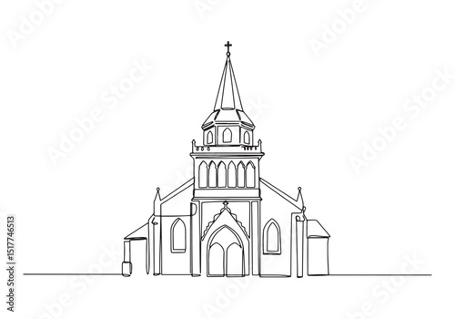 Elegant Church Illustration, A Continuous Line Drawing Depicting