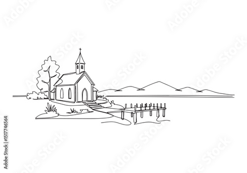 Continuous Line Drawing of Lakeside Chapel in Wisconsin, Black a