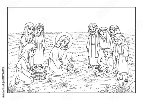 Line art depicting jesus planting seeds with onlookers coloring
