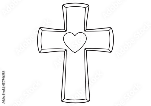 Elegant cross with heart symbol in continuous line art, faith an