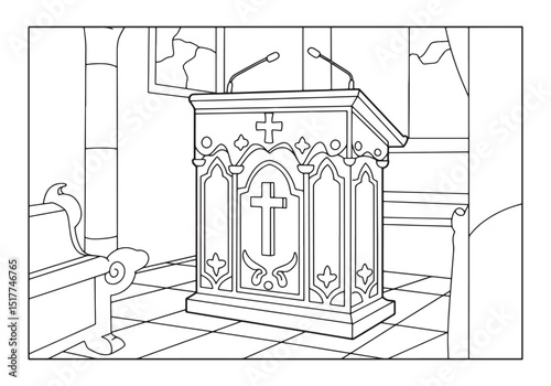 Detailed Ambo Lectern in Black and White Coloring Book Illustrat