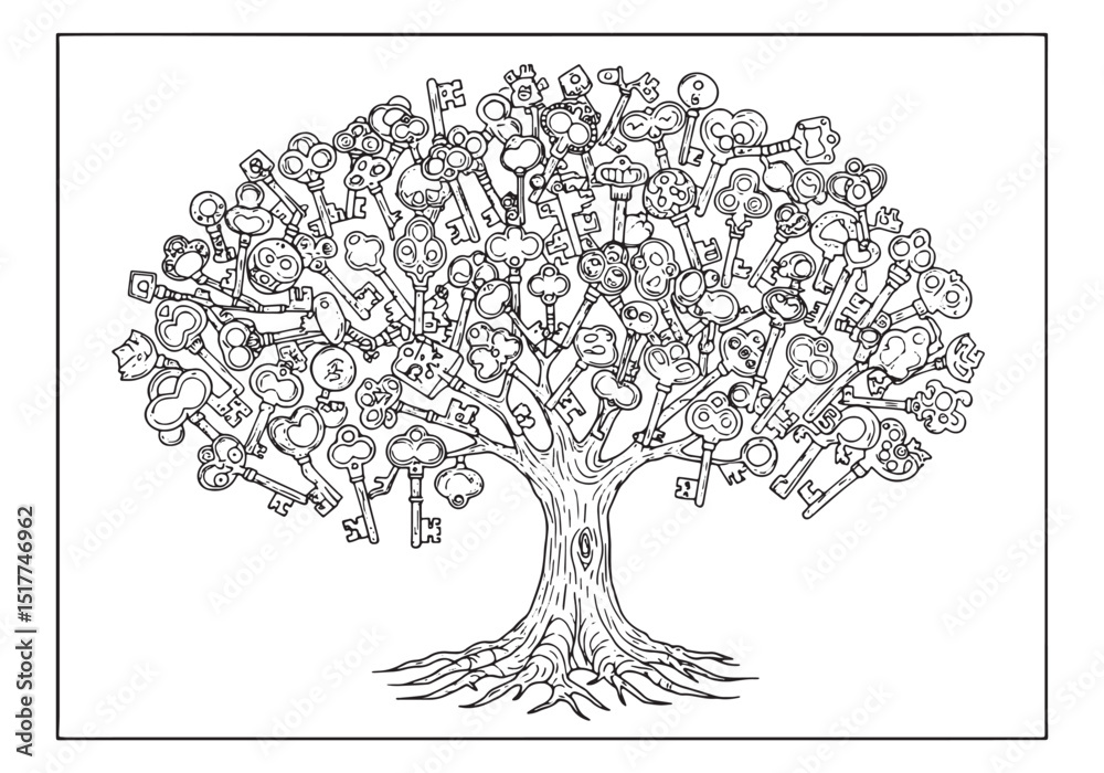 Fototapeta premium Intricate tree of knowledge illustration with key elements, perf