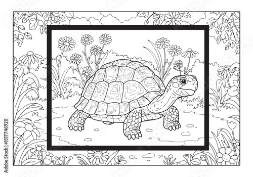 Enchanting Leopard Tortoise in Whimsical Floral Coloring Page De