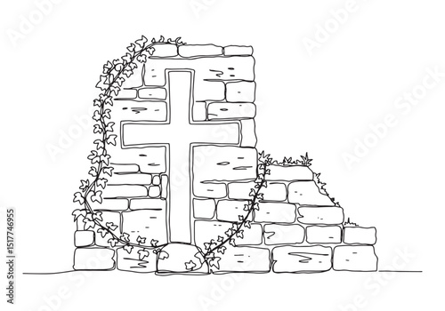 One line drawing of cross carved in stone with ivy climbing up w