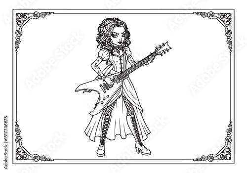Female gothic musician coloring page design, black and white dra