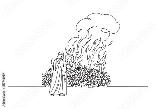 Minimalist continuous line drawing of Moses and the burning bush