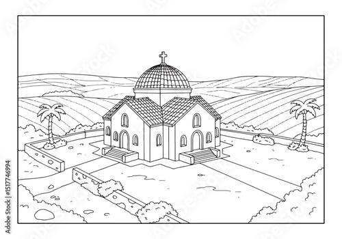 Detailed line art illustration of a church for a coloring book p