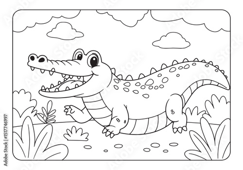 Whimsical Crocodile Adventure, A Delightful Coloring Book Illust