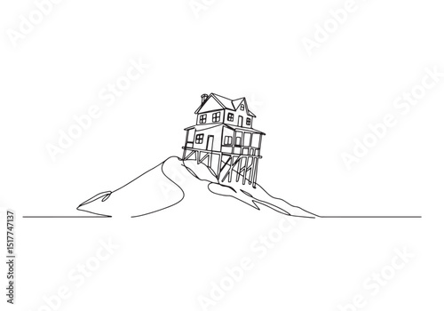 Minimalist Line Art of a Precarious House on Shifting Sands in 2