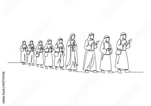 Continuous line drawing of a group praying people, religious pro
