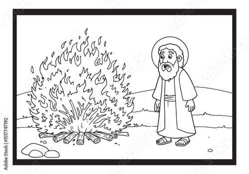 The Burning Bush, A Black and White Coloring Page Illustration f