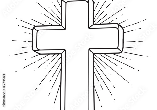 Elegant christian cross with radiant light, minimalist line draw