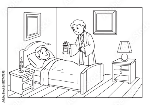 Black and White Coloring Page, Anointing of the Sick Illustratio