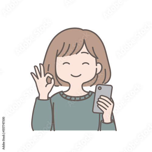 スマートフォンを持ってOKサインをする笑顔の女性のイラスト
