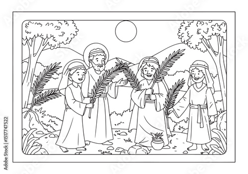 Detailed black and white line art illustration of Palm Sunday sc