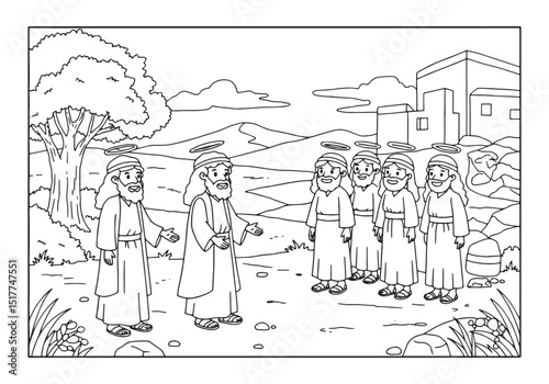 The Plains of Mamre Visit, A Black and White Coloring Page Depic