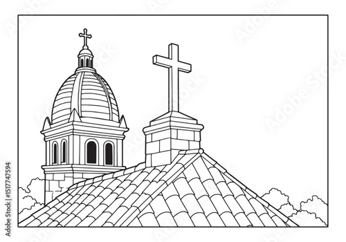 Detailed black and white illustration of a church rooftop with c