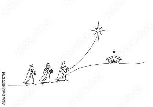 Three wise men seeking baby Jesus guided by the star of Bethlehe