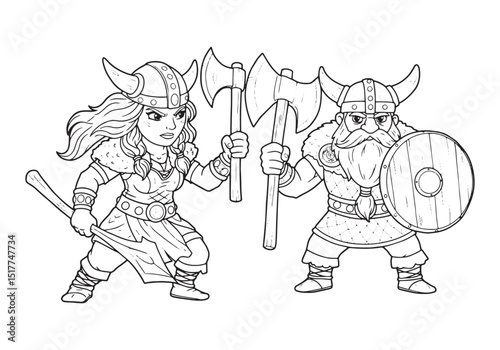 Female Viking Warrior Ready for Battle in Coloring Book Style Il