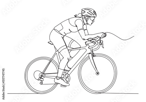 Elegant continuous line drawing of a female cyclist in monochrom