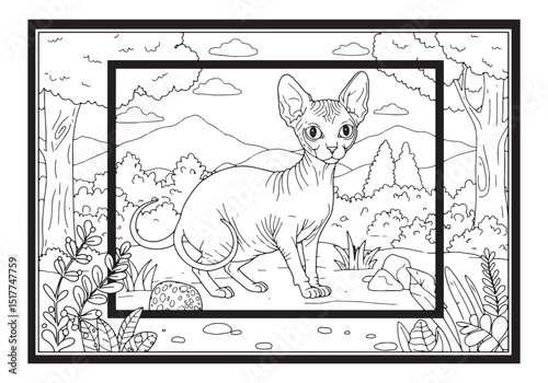 Sphynx Cat Coloring Page, Detailed Black and White Illustration