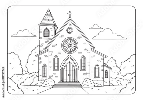 Detailed Church and Rose Window Illustration for Coloring Book F