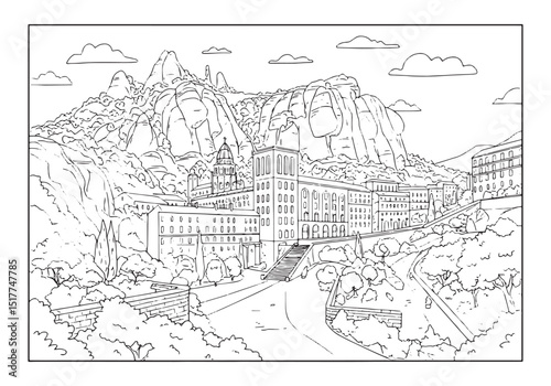 Coloring Page of Montserrat Monastery in Spain, A Detailed Black