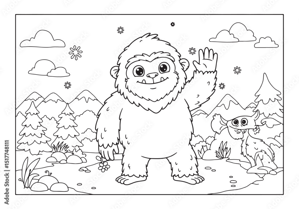 Naklejka premium Adorable yeti waving hand in a winter wonderland coloring advent