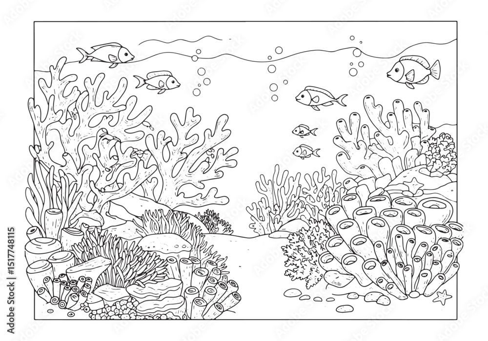 Fototapeta premium Intricate Underwater Coral Reef Coloring Page with Fish and Bubb