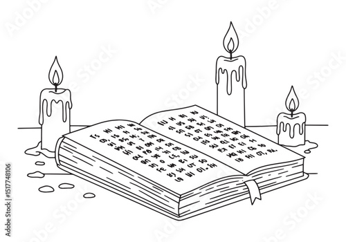 Mystical ambiance illustration with book and candles in a black