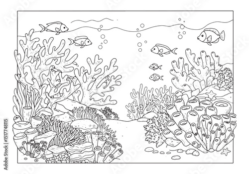 Intricate Underwater Coral Reef Coloring Page with Fish and Bubb