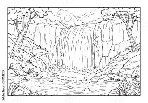 Detailed line art of a cascading waterfall scene for coloring pa