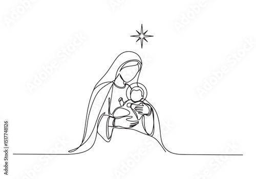 Elegant continuous line art of the Nativity scene with Mary and