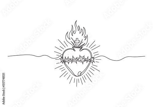 Elegant Sacred Heart Continuous Line Drawing, A Symbol of Devoti