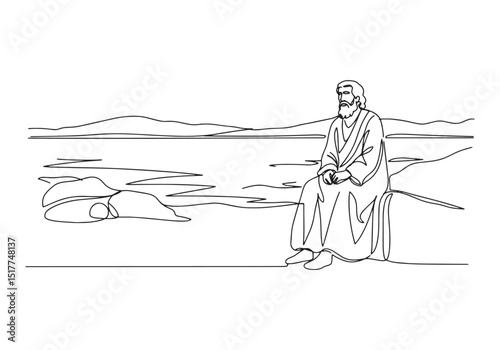 The exile of John on Patmos in continuous line art illustration
